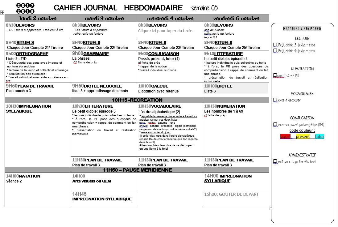 Programmation à la période et Cahier Journal – Ecole des Juliettes